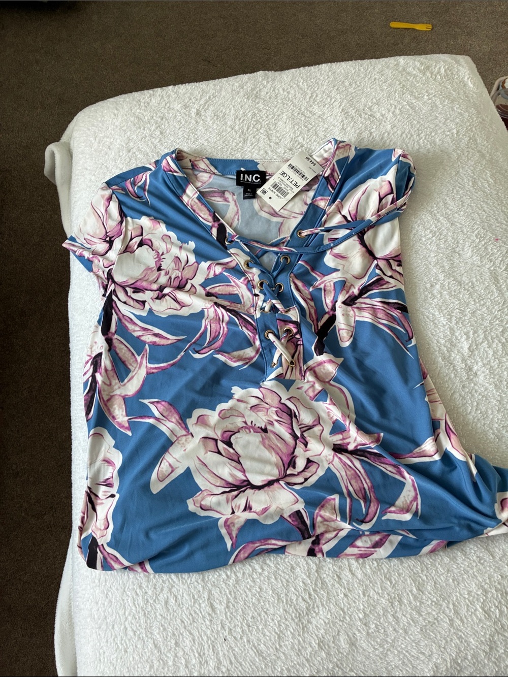 Incase Blue Floral Lace-Up Blouse with Pink & White Blooms